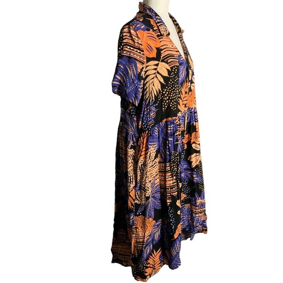 Loralette Short Sleeve High Low Dress 14/16 Black Palm Floral Buttons Pockets - Picture 5 of 6